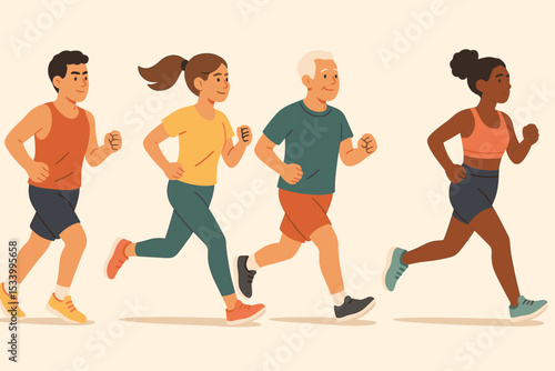 Group of diverse people jogging together. Men and women of different ages and races running. Healthy active lifestyle concept. Fitness, sport, cardio workout vector illustration.