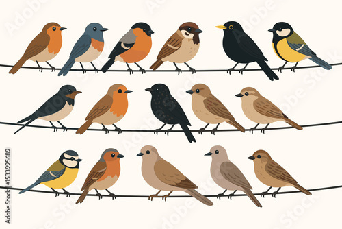 Cute birds on a wire vector illustration set. Collection of different colorful bird species. Robin, sparrow, tit, finch, blackbird, swallow perched on a cable. Nature wildlife.