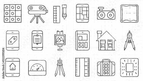 Illustration of a collection of various icons including a house, phone, suitcase, and surveying tools