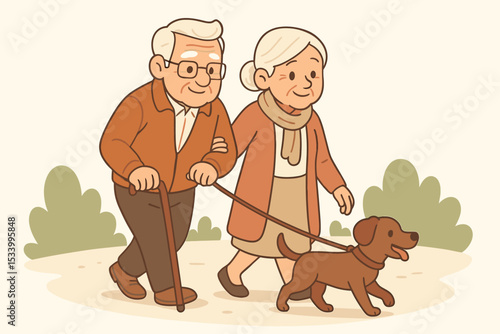 Happy elderly couple walking dog in the park. Senior man with cane and woman enjoy a stroll together. Active retirement lifestyle concept illustration. Grandparents with pet.