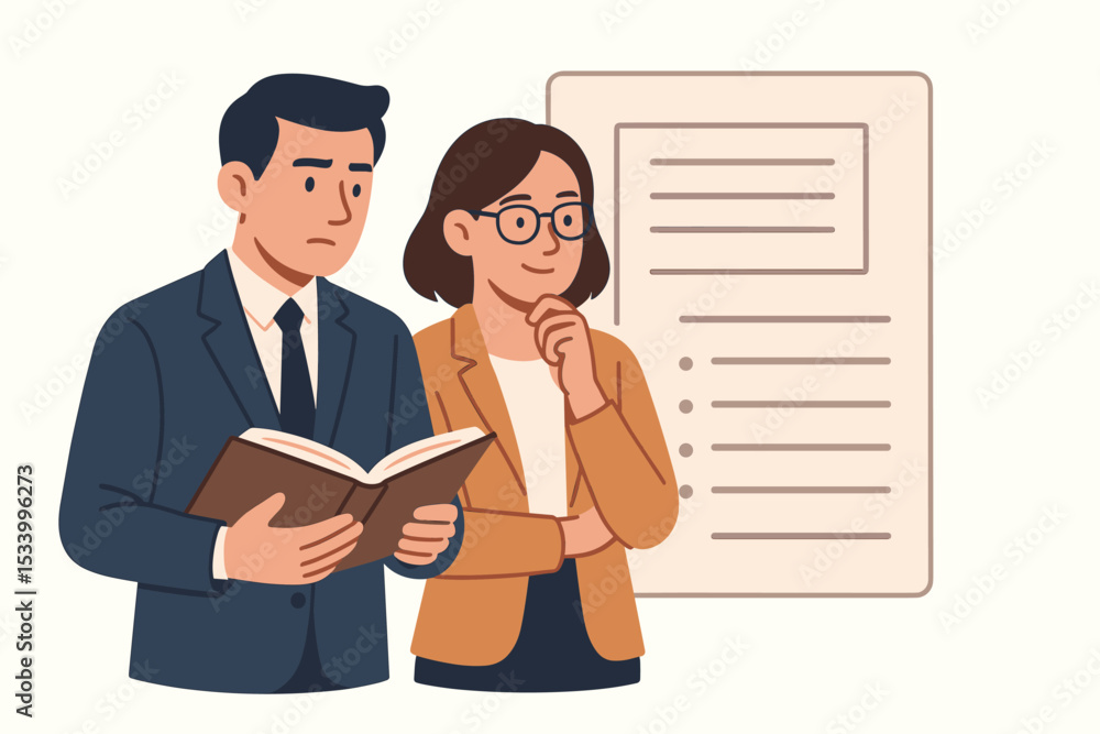 Business policy review concept. Man and woman colleagues analyzing company rules and regulations. Team studying corporate guidelines, compliance document, and contract terms. Business policy review concept. Man and woman colleagues analyzing company rules and regulations. Team studying corporate guidelines, compliance document, and contract terms.