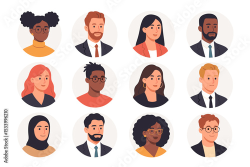 Diverse people avatar collection. Multinational business team. Circle portraits of multicultural men and women. Character icon set for social media, company, or user profile.