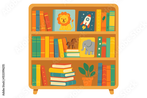 Cartoon bookshelf with children's books and toys. Lion, elephant, and rocket book covers. Flat vector design for nursery interior, school library, education, learning concept.