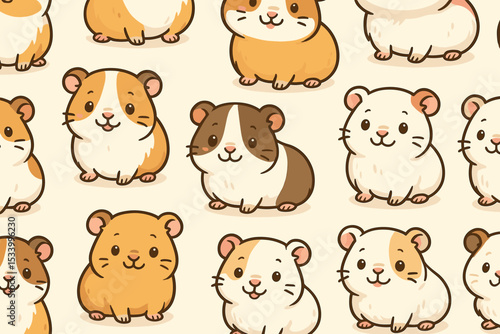 Cute guinea pig seamless pattern. Adorable kawaii animal character background. Cartoon rodent pet vector illustration for baby nursery, kids fabric print, or wrapping paper.