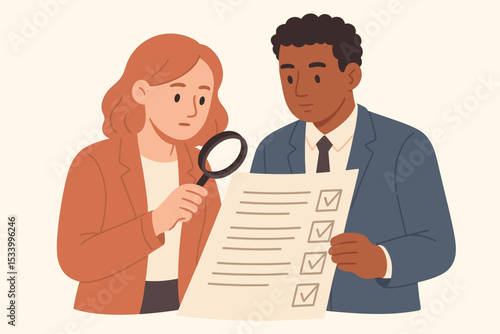 Business people reviewing a policy document with a magnifying glass. Concept of compliance, audit, and contract inspection. Colleagues checking rules and regulations together.