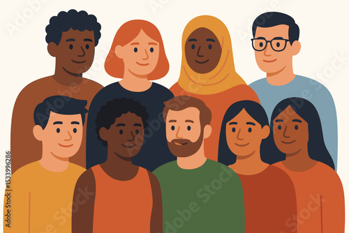 Diverse group of people standing together. Multicultural community portrait. Vector illustration for inclusion, society, and teamwork. Friendship and global togetherness concept.