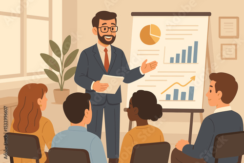 Business seminar with a speaker giving a presentation. Coach or manager explaining a growth strategy on a flip chart with charts and graphs to a diverse audience. Corporate training.