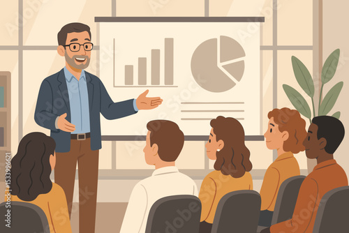 Business presentation with speaker at conference. Leader giving lecture with data charts at corporate training seminar. Workshop concept with coach and employees in office meeting.