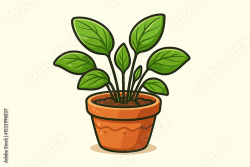 Cute cartoon houseplant in a clay pot vector illustration. Isolated green foliage plant for botanical design. Symbol of home decor, gardening, nature, growth, freshness and eco.