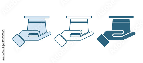 Blue Magician hat in hand icon isolated on white background. Magic trick. Mystery entertainment concept. Vector