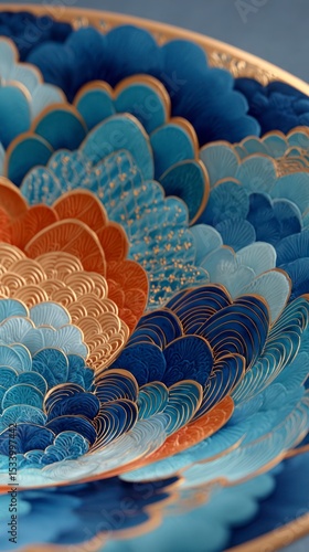 Exquisite Blue   Gold Japanese Pattern  Intricate Design  High Resolution Texture