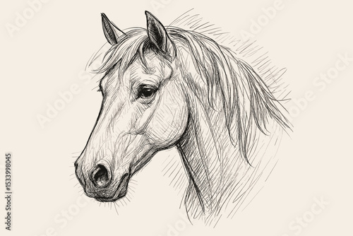 Realistic horse head sketch vector. Hand-drawn pencil drawing of a beautiful stallion portrait. Equine animal illustration. Detailed line art for a vintage equestrian design.