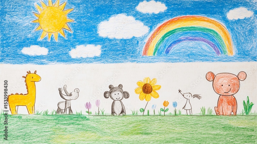Naklejka premium Whimsical Child Art Celebration, vibrant crayon creations of animals, flowers, and rainbows on a lively art board, showcasing youthful imagination
