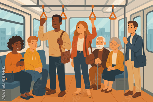 Diverse group of people traveling by subway train. Passengers commuting inside a metro wagon. Concept of city life, public transportation, community, and urban society. Vector.