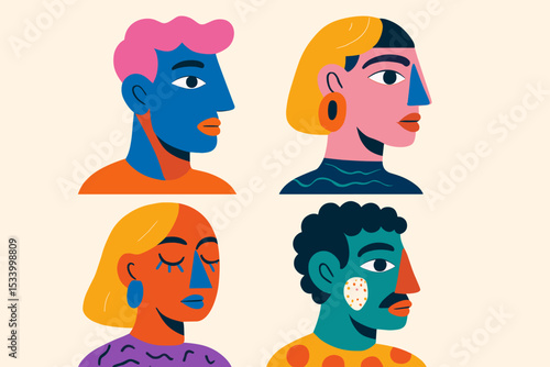 Set of modern abstract portraits. Trendy vector illustration of diverse people. Colorful contemporary avatars of a community. Creative surreal character icons for profile.