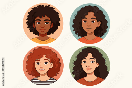 Set of diverse female avatars with curly hair. Multiracial young women portraits. Collection of cartoon characters with different skin tones. User profile picture icons vector.