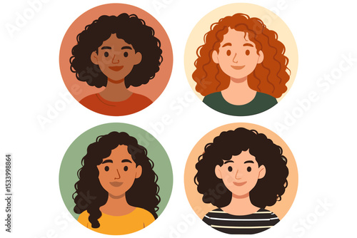 Set of diverse women with curly hair avatars. Multicultural female portraits collection. Flat vector illustration for profile pictures, icons. Multiethnic characters with natural hair.