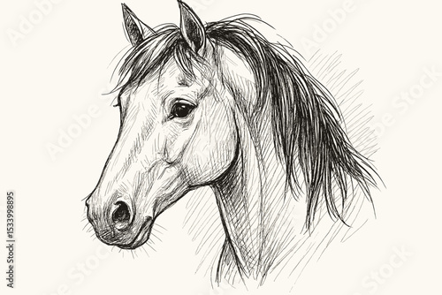 Realistic horse head portrait sketch. Hand drawn vector illustration of a beautiful equestrian animal. Classic vintage style black and white line art drawing for equine lovers.