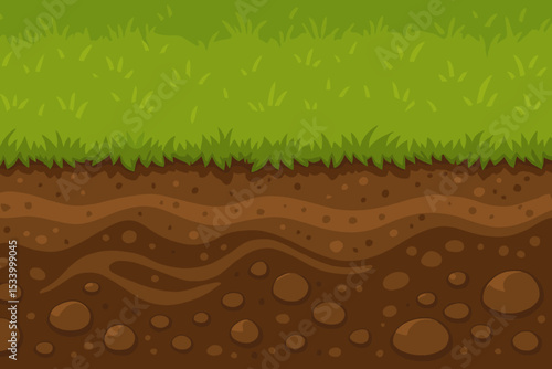 Seamless cartoon grass and soil layers. Ground cross-section with earth, dirt, and stones. Vector background for game level design. Underground geology texture pattern illustration.