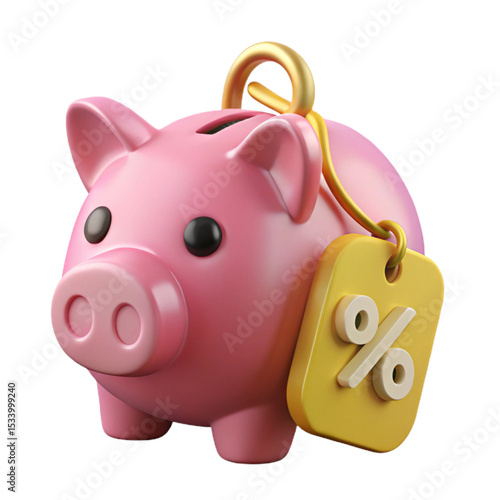 Pink piggy bank with gold percentage discount tag