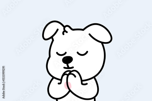Cute cartoon dog praying with paws clasped. Adorable puppy character begging or making a wish. Concept of hope, faith, please, gratitude, and thankfulness. Vector pet animal.