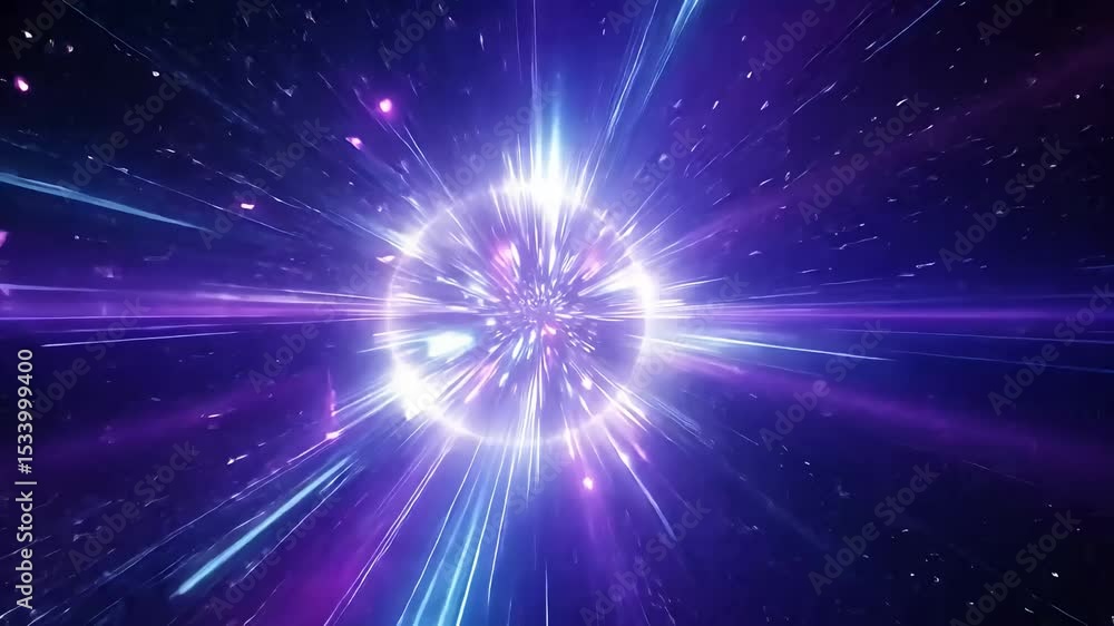 A vibrant cosmic explosion with radiant light beams in purple and blue.