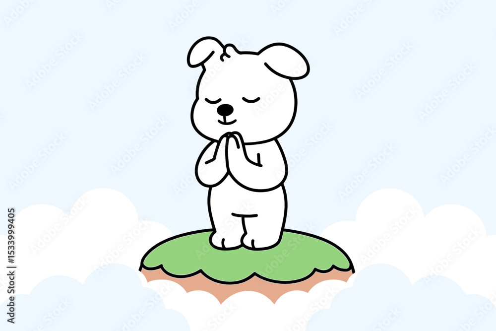 Cute cartoon dog praying on a floating island in the sky. Peaceful puppy meditating with hope and gratitude. Concept for spirituality, mindfulness, faith, inner peace. Zen animal vector. Cute cartoon dog praying on a floating island in the sky. Peaceful puppy meditating with hope and gratitude. Concept for spirituality, mindfulness, faith, inner peace. Zen animal vector.
