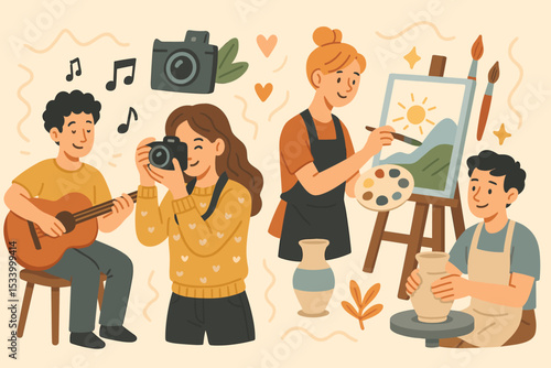 Creative hobbies and arts collection. People enjoying artistic pursuits like painting on canvas, pottery, photography and playing guitar. Flat vector illustration for creative workshop.