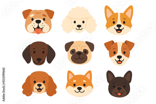 Cute cartoon dog faces set. Collection of adorable puppy head portraits. Various breeds like pug, corgi, poodle, dachshund, and bulldog. Pet animal character icon bundle.