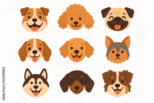 Set of cute cartoon dog faces. Collection of various happy puppy head icons. Flat vector illustration of different breeds like pug, poodle, husky, retriever, beagle, and bulldog.