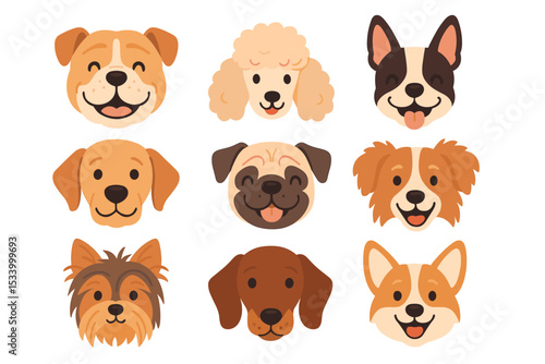 Cute dog head set. Collection of different cartoon puppy faces. Vector icons of various happy animal breeds. Bulldog, Poodle, French Bulldog, Labrador, Pug, Corgi, Dachshund.
