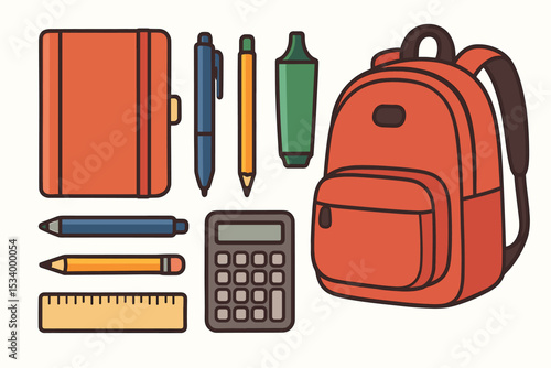 School supplies vector icon set. Back to school concept illustration with backpack, notebook, pen, pencil, ruler, highlighter, calculator. Education stationery flat design collection.