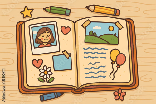Open scrapbook with childhood photos and cute doodles. Nostalgic memory album vector concept for journaling and keeping memories. Hand-drawn keepsake diary on a wooden table.