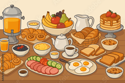 Hotel breakfast buffet spread cartoon illustration. Morning food feast with fried eggs, pancakes, fresh fruit, coffee, juice, croissants, toast, and pastries. Vector graphic concept.