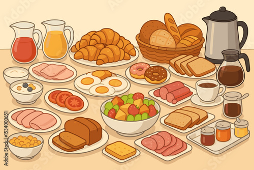 Hotel breakfast buffet spread illustration. Vector assortment of food including eggs, coffee, croissants, juice, ham, bread, fruit salad, and donuts. Morning meal and brunch concept.