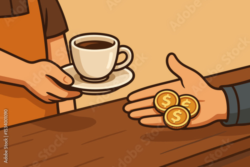 Customer paying for coffee with cash. Barista serving hot espresso in a cup. Hands exchanging money and drink at cafe counter. Commerce, purchase, transaction concept vector.