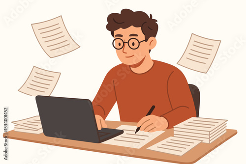 Male freelance writer, blogger, or student working at a desk with a laptop. A man multitasking, typing and writing on paper. Creative process, journalism, copywriting, and education concept.