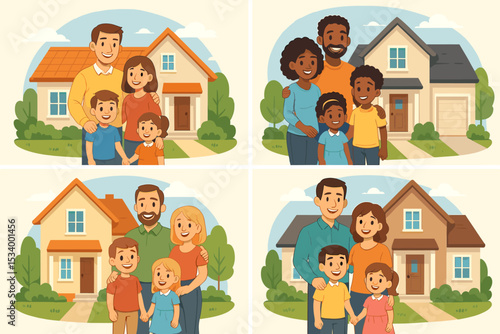 Happy diverse family at new home vector set. Multicultural parents with children standing in front of their house. Homeownership, real estate, mortgage, property concept.