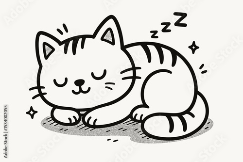 Cute sleeping cat doodle illustration. Kawaii tabby kitten napping peacefully. Hand-drawn black and white cartoon character sketch. Minimalist pet animal line art icon symbol.