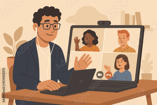 Virtual team meeting concept illustration. Man having video conference call with diverse colleagues on laptop. Remote work, online communication, business webinar, telecommuting.