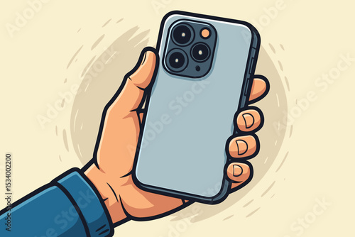 Hand holding modern smartphone with triple camera system. Mobile technology, photography and communication concept. Vector cartoon illustration of a person using a cell phone gadget.