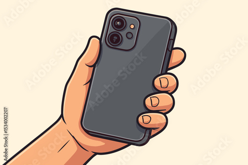 Hand holding smartphone cartoon vector illustration. Mobile phone camera for taking photo or recording video. Technology and communication concept. Isolated gadget on background.