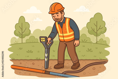 Surveyor inspecting underground utilities with a detection device. Engineer or construction worker locating pipes and cables. Ground survey and safety inspection concept illustration.