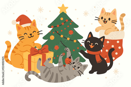 Christmas cats illustration. Cute cartoon kittens celebrating the winter holiday with a festive tree, gifts, and stocking. Playful pets causing mischief with presents and ornaments.