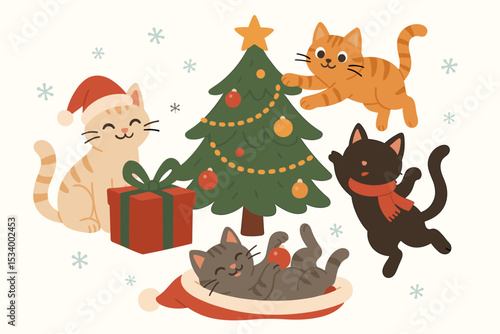 Cute cartoon cats celebrating Christmas. Funny kittens playing around a decorated tree with gifts. Naughty pets causing holiday mischief. Vector illustration for winter season.