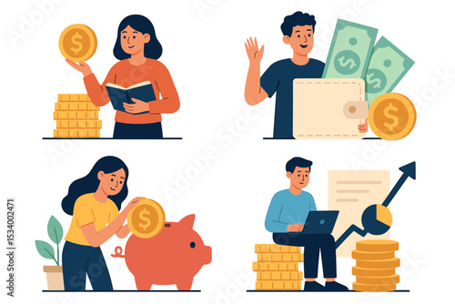 Financial literacy vector set. People managing personal finance, saving money in piggy bank, investing for growth. Financial education, budget planning, wealth building concepts.