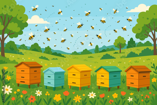 Cartoon apiary scene with cute bees flying over colorful beehives in a summer meadow. Vector illustration of a rural landscape. Beekeeping, honey production, and pollination concept.