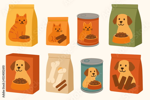 Pet food variety vector set. Collection of dog and cat food packaging. Dry kibble in bags, wet food in cans, and treats. Animal nutrition and pet care supplies illustration.