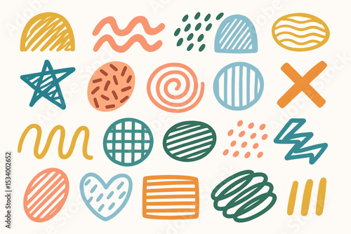 Abstract shapes collection. Hand drawn doodle objects set. Trendy geometric forms with minimalist textures. Vector illustration for modern design, backgrounds, and decorative elements.