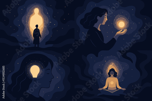 Surreal spiritual glow vector set. Woman meditating, inner light, higher self, enlightenment concept. Mindfulness, aura, soul, idea, wisdom, meditation, inspiration, harmony scenes. Dark blue, gold.